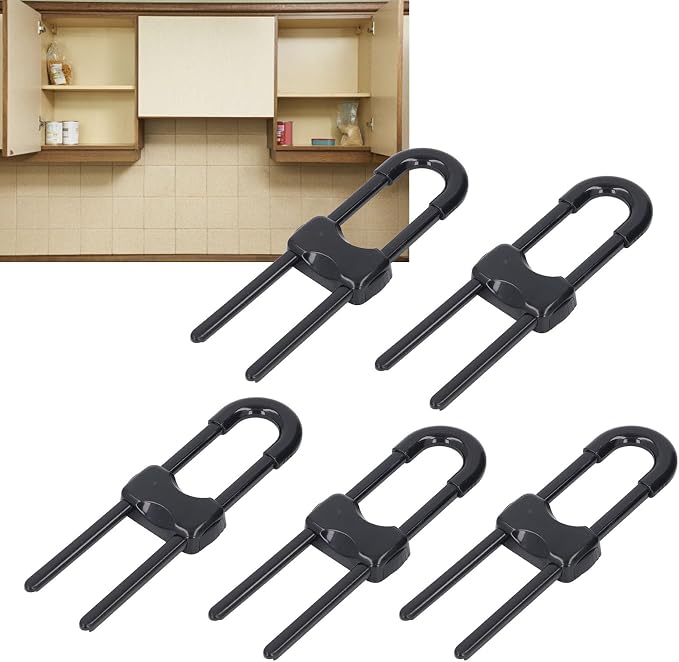 5 Packs Sliding Cabinet Locks, Baby Proofing Adjustable U Shaped Child Safety Cabinet Locks, Multifunctional Childproof Latches for Handles Knobs Drawers Closet Cupboard (Black)
