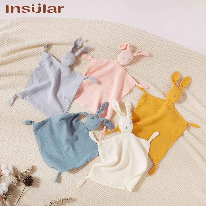 insular Bunny Lovey Blanket for Boys and Girls, Organic Cotton Muslin Security Blanket for Babies, Soft Breathable Lovie Soothing Towel for Newborn and Infant, 2 Pcs Set (Blue&Grey)