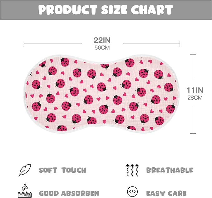 Ladybug Hearts Muslin Burp Cloths for Baby Boys and Girls - 2-Pack Ultra Absorbent Muslin Washcloths, Newborn Towel, Milk Spit Up Rags, Burp Cloth Bibs, 22 x 11 Inch