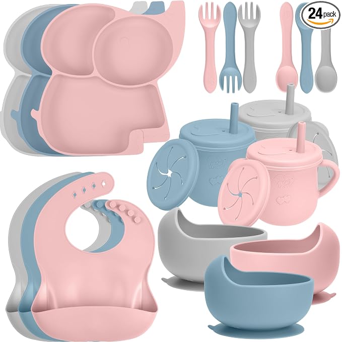 24 Pack Silicone Baby Feeding Set - 6+ Months Food Grade Baby Feeding Essentials | Silicone Bibs, Baby Bowls and Plates, 3 in 1 Baby Sippy Cup, Spoons and Fork Set | Free of BPA/PVC/Lead/Phthalate