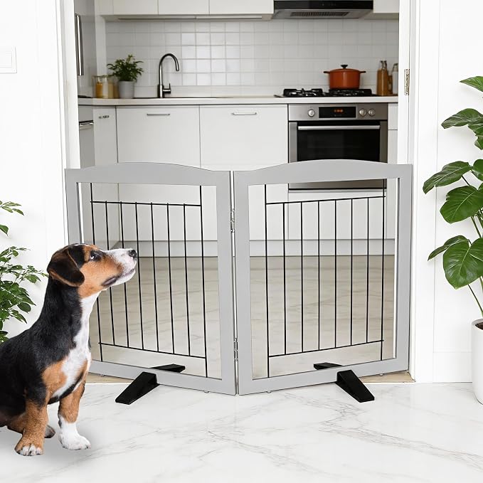 Dog Fence Indoor,Dog Gate Indoor for Doorway pet gate -2-Panel Freestanding, Hallways, House or Stairs -40x24-Inch Retractable Foldable Expandable Wood Pet by SFJC (Grey) ﻿