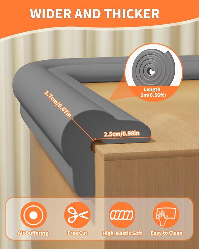 Edge Protector for Baby Proofing, 6.6FT 0.67?™’Th L-Shape Air Buffering Soft NBR Rubber Foam Furniture Edge Bumper Guards with 6 Corners, Pre-Taped, Thick Table Bumper Guard for Babies (Grey)