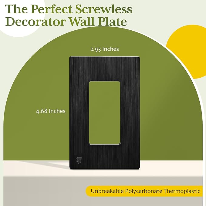 TG Screwless Decorator Wall Plates Child Safe Outlet Covers, Size 1-Gang 4.68" H x 2.93??L, Unbreakable Polycarbonate Thermoplastic, UL Listed, Glossy, Black (10 Pack)