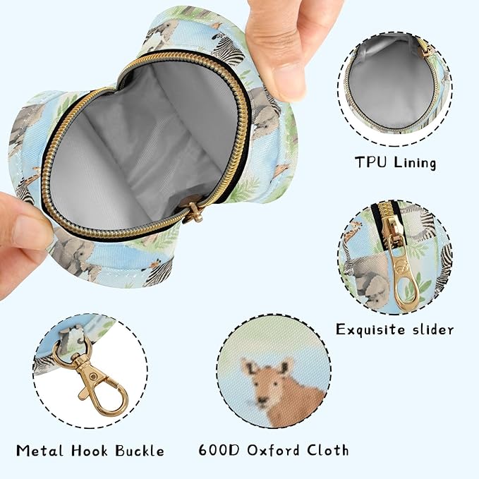 Baby Pacifier Case with Clip, Safari Animal Pattern Portable Pacifier Holder, TPU Lined Dust-Proof Storage Pouch for Diaper Bag and Stroller