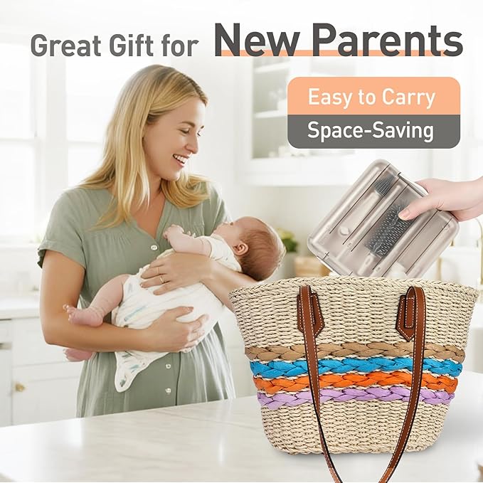 Baby Bottle Brush Set, 6-in-1 Travel Bottle Cleaning Kit with Silicone Bottle Brush, Nipple & Straw Brush, Soap Dispenser, Drying Rack, Storage Box ??Compact Travel Baby Essential for Home & On-The-Go