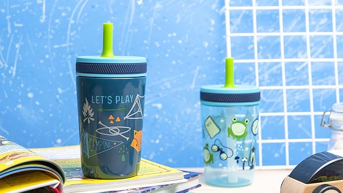 Zak Designs Campout and Camping Kelso Tumbler Set, Leak-Proof Screw-On Lid with Straw, Bundle for Kids Includes Plastic and Stainless Steel Cups with Bonus Sipper, 3pc Set, Non-BPA