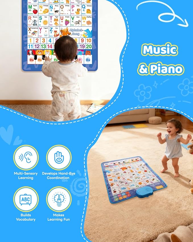Spanish Alphabet Talking Wall Chart for Toddlers 1-6, Bilingual Learning Poster with English Translation, ABC 123 Learning Poster, Interactive Musical Toy, Educational Gift for Kids 3+ & Autism
