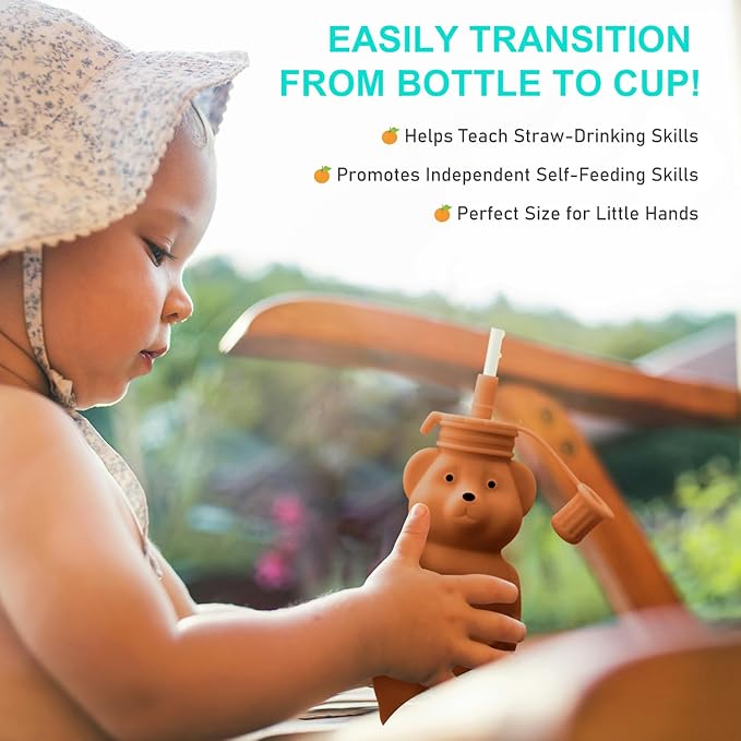 Mootikar Honey Bear Silicone Straw Cup, Babies Water Drinking Cup, 8-Ounce Therapy Sippy Bottles for Speech and Feeding Training, BPA Free & Dishwasher Safe (BROWN)