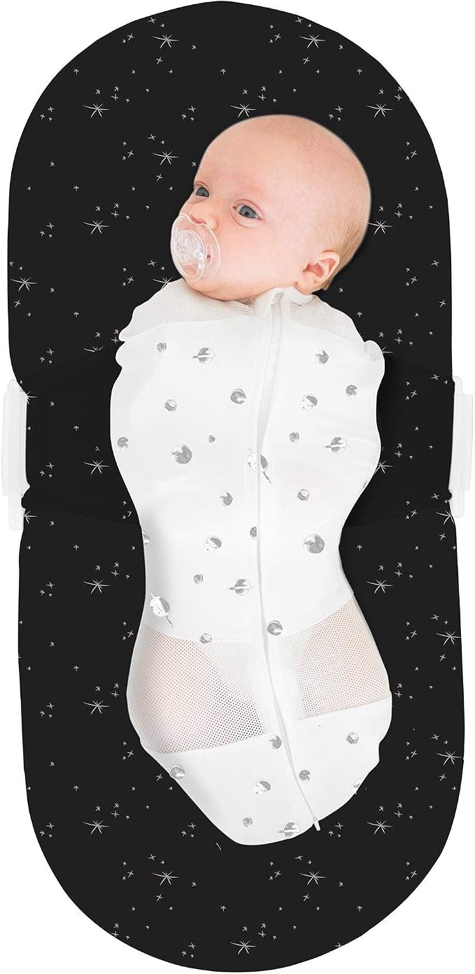 Happiest Baby SNOO Sleep Sack - 100% Organic Cotton Baby Swaddle Blanket - Doctor Designed Promotes Healthy Hip Development (Ivory Planets Black Wings, Large)