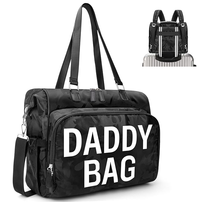 Pripher 4 in 1 Convertible Daddy Bag Backpack, Camo Black Diaper Backpack for Dad and Mom, Father's Bag for Hospital with DADDY Imprint, Baby Care Diaper Backpack & Tote with 14 Pockets