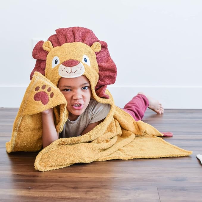Hooded Baby Towel for Kids 2-8 | Large 100% Cotton Baby Towel for Girls or Boys | Cute Lion Bath Towels for Babies and Toddlers in Gold and Red Russet