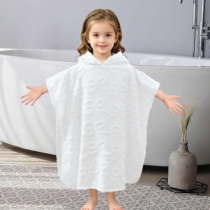 Toddler Beach Towels with Hood, Oversized (2-4Years,21"X21") Made from 100% Soft Cotton,Absorbent Hooded Poncho Towel for Baby Girl,Perfect for Pool | Swimming | Bath | Beach,Jacquard White Bow
