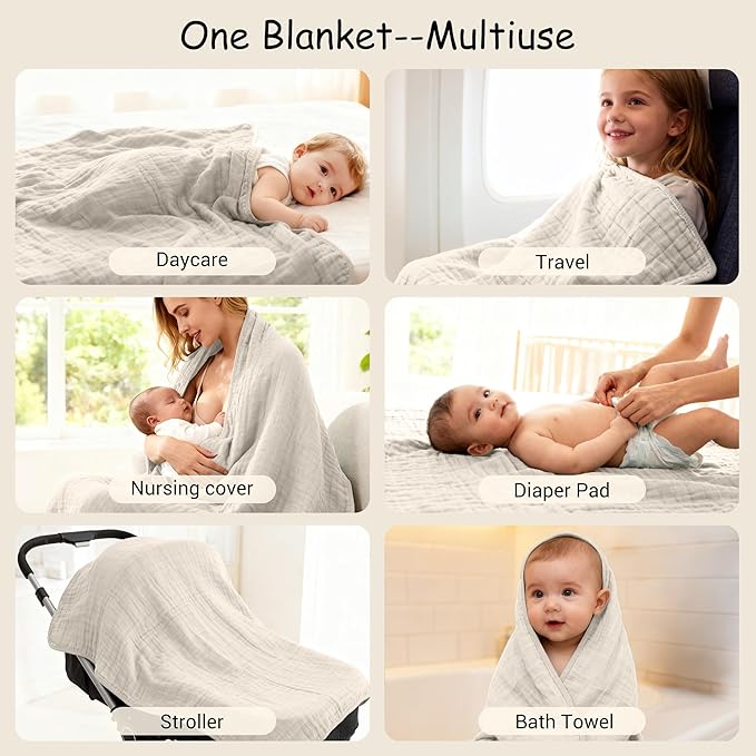 ZPECC Muslin Toddler Blanket Thicker, 47x47 Organic Cotton Kids Quilt Hypoallergenic for Baby Essentials Crib Stroller Daycare Cot, Beige