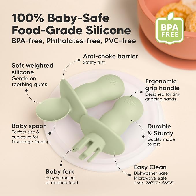 Keababies 4-Pack Silicone Baby Spoons and Forks Set and 2-Pack Baby Bowls with Suctions, Lids - Baby Spoon Self Feeding, BLW Baby Utensils - Silicone Suction Bowls for Baby Boy, Girl