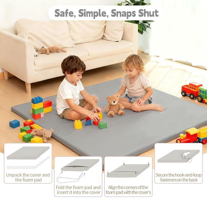 Baby Play Mat for Floor, 50"×50" Playpen Mat, 1.3" Thick Elasti-Foam, Non-Slip Crawling Mat for Tummy Time, Waterproof & Wipe-Clean Playmat for Toddler,Infant, Kids (Grey）