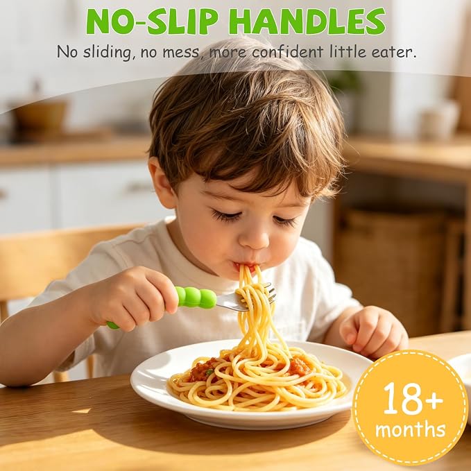 Toddler Utensils, Stainless Steel Baby Forks and Spoons Set Caterpillar Silicone Handle, Kids Silverware with Portable Storage Case, Baby Feeding Essentials, Dishwasher Safe (Green)
