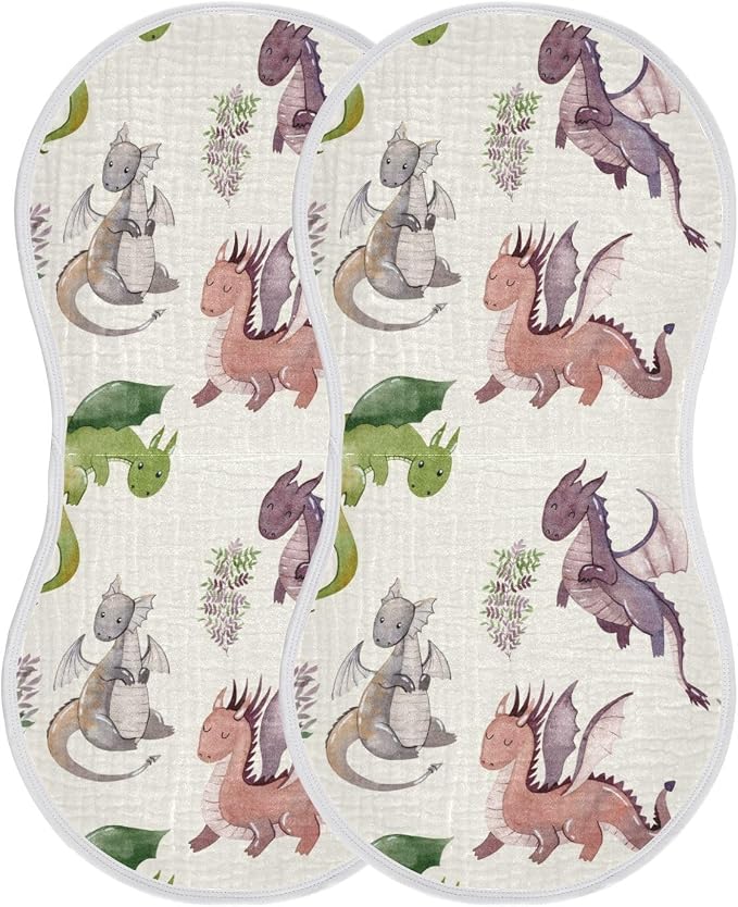 Cute Dragons Pattern Muslin Baby Burp Cloths - Super Absorbent and Soft Burping Rags - Cotton Burp Clothes Set for Boys and Girls, 2 Pack