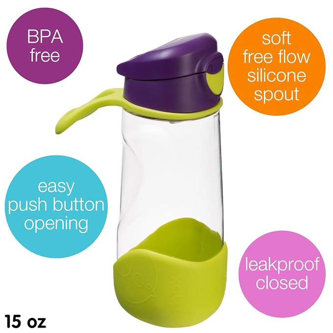 b.box 15oz Sport Spout Kids Water Bottle for School, Sports, Daycare - No-Straw Design for Easy Cleaning - Leakproof - Ergonomic Triangle Grip - Dishwasher Safe, BPA Free, PFAS Free - Passion Splash