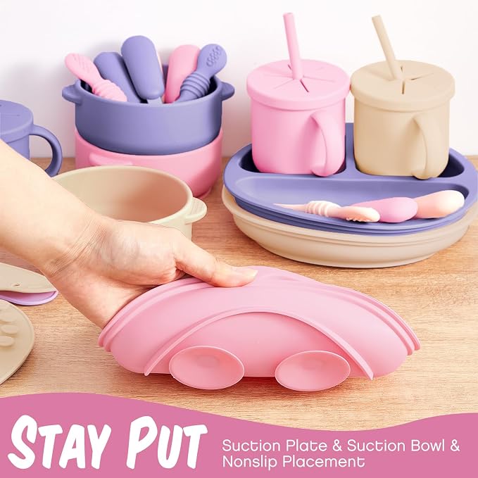 Yinder 24 Pack Silicone Baby Feeding Set Baby Led Weaning Essentials Suction Divided Plate Bowl Spoon Fork Adjustable Bib Snack Cup Straw for 6+ Months(Purple, Pink, Nude)