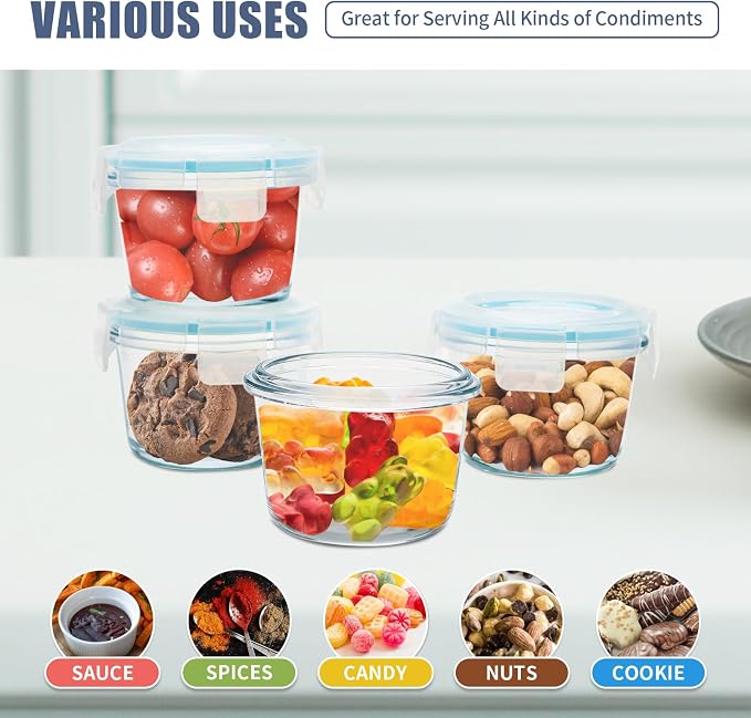 Small Glass Food Containers Set of 6, 5oz Reusable, Airtight, Leakproof Mini Food Storage Containers with Lids