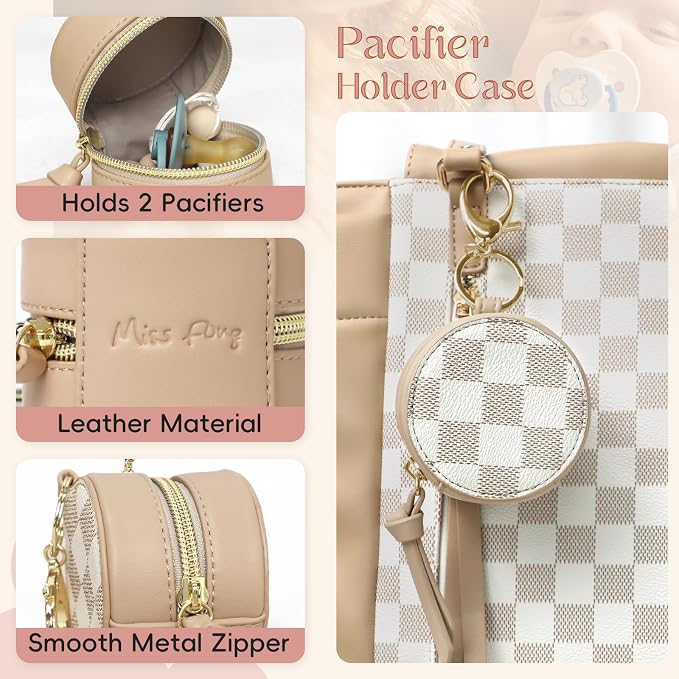 miss fong Checkered Pacifier Holder Case with Clip, Pacifier Pouch Cover, Pacifier Charm Pod with Clasp Attach to The Strollers & Diaper Bags, Hold 2 Pacifier or Nipple Shield(White Checkered)