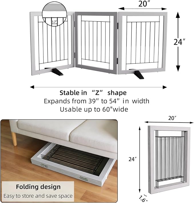 Dog Fence Indoor - 3-Panel Freestanding Dog Gate for Doorways, Hallways, House or Stairs -60x24-Inch Retractable Foldable Expandable Wood Pet by SFJC (Grey)
