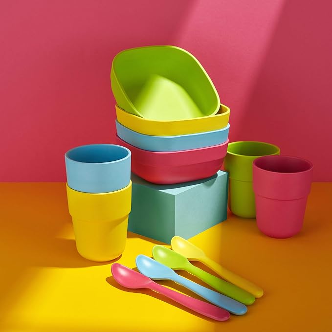 GET FRESH Bamboo Kids Spoons Set – 4-pack Reusable Bamboo Fiber Kids Spoons for Everyday Use – Large Bamboo Kids Cutlery for Daily Mealtime – Colorful Bamboo Utensils for Toddlers and School Children