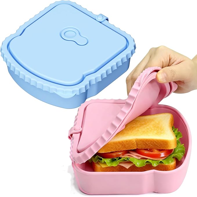 2 Pack Silicone Sandwich Container, Reusable Sandwich Bento Box with Lid for Lunch Fruit Snacks Bread, Colored Toast Shaped Container, Silicone Snack Containers for Office Picnic Travel Meal Prep