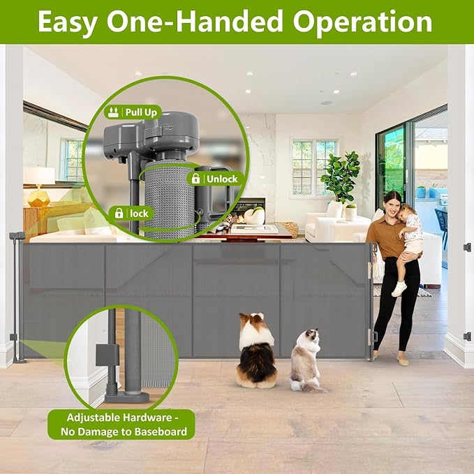 Reinforced 42" Extra Tall Pet Gate 155" Extra Wide Retractable Baby Gate with Support Rods - Prevent Crawling Under, Indoor/Outdoor Mesh Safety Gate Extra Wide Dog Gate Tall Baby Gates for Dogs, Gray