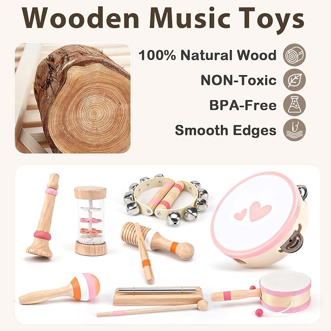 Musical Toys for 2 3 Year Old Girl Birthday Gifts, Wooden Montessori Toys for 2 Year Old, 8 in 1 Musical Instruments for Toddlers with Drum/Hand Bells/Flute/Maracas, Preschool Toys for Baby 18+ Months