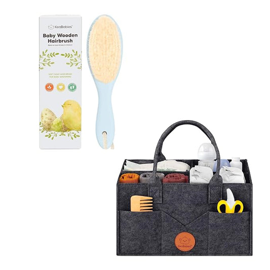 KeaBabies Baby Hair Brush and KeaBabies Diaper Caddy Organizer - Baby Brush with Soft Goat Bristles, Organizer for Nursery, Cradle Cap Hairbrush