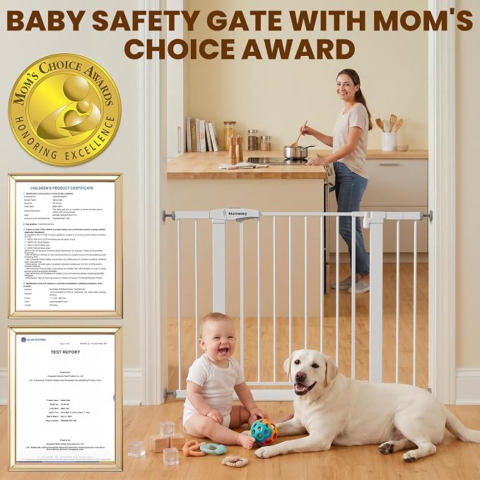 Mumeasy 29-43" Wide Baby Gate for Stairs and Doorways, 30" Tall Pressure Mounted Dog Gate No Drilling, Auto Close Walk Thru Child Safety Gate, Sturdy Metal Pet Gate with Dual Lock, White