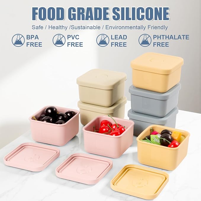 6 pcs 10 oz Silicone Snack Containers with Lids Silicone Food Storage Containers, Baby Snack Container Small Lunch Container for Kids, Daycare, School and Travel