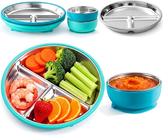 Havawish 4 Pcs Stainless Steel Baby Plate and Bowl with Suction, 8.3" Kid Divided Plate 4" Toddler Bowl with Removable Silicone, BPA-free Non-slip Baby Feed Set Dishwasher Safe for Boy Girl (Cyan)