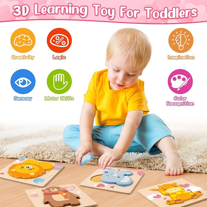 Wooden Puzzles for Toddlers 1-3, 4 Pack Wooden Puzzles with Animals Design, Birthday Gift for Boys Girls, Kids Party Favors Gifts - Educational Preschool Classroom Toys
