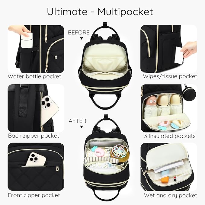 Diaper Bag Backpack, Large 26L Baby Bag with Portable Changing Pad & Pacifier Case, Waterproof Quilted Maternity Backpack for Mom and Dad, Travel Essentials with Insulated Pockets, Purple