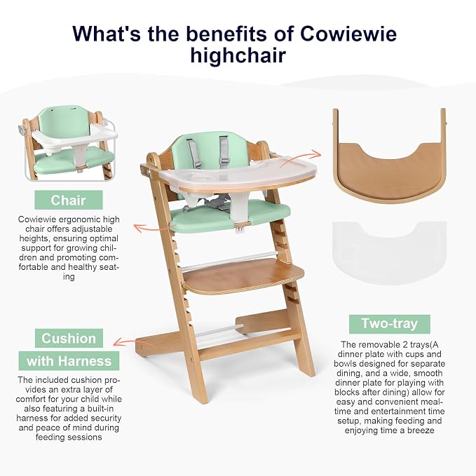 Cowiewie 3-in-1 Convertible Natural Wooden High Chair for Babies & Toddlers 3-Tier Remove & 2 Adjustable Wood Tray & 8 Levels Adjustable, 2 Waterproof Cozy Cushions Green