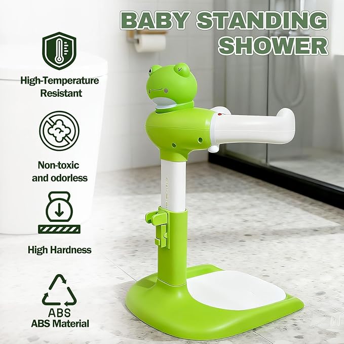 Baby Shower Stand Adjustable Toddler Shower Standing Support with Anti-Slip Base Infants Bath Support for 8-36 Months Portable Bath Helper (Frog)