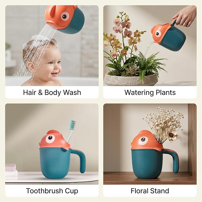 Baby Bath Rinser Cup, Large Capacity Bath Jug for Rinsing Hair with 7-Hole Gentle Shower, Easy-Grip Cartoon Fish Design for Kids Time, Green