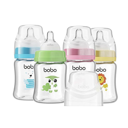YOHKOH Glass Baby Bottles with Slow Flow Nipple, Newborn Anti-Colic Baby Bottles for 0+ Months, Wide Neck Feeding Bottle, Clear (Multicolour, 5oz (Pack of 4))
