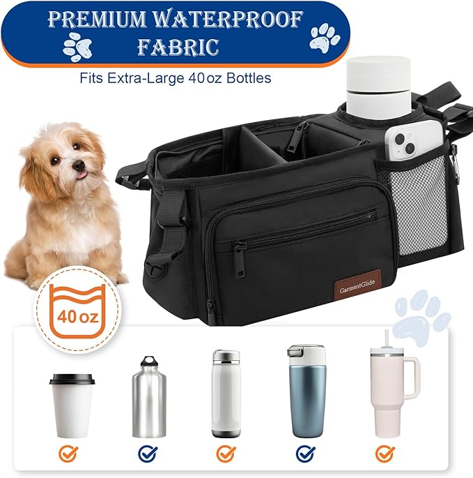 Dog Stroller Organizer Bag, Dog Mom Gifts for Women Pet Stroller Caddy, Stroller Accessories with Cup Holder, Poop Bag Dispenser, Pockets for Dog Essentials, Fits 14??9" Handles, Dog Mom Gift Ideas