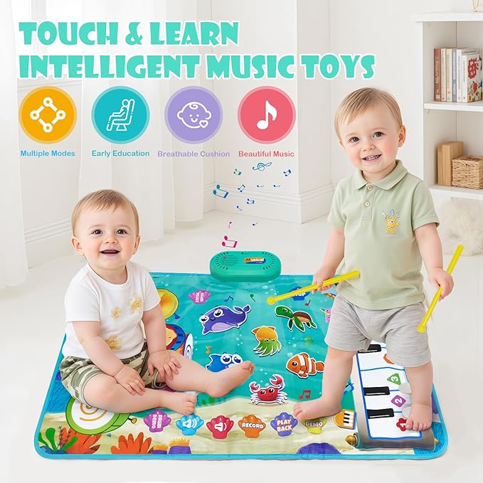 Baby Musical Play Mat,Early Educational 3 in 1 Floor Piano Drum Animal Touch 31.5"*19.6 " Play Blanket Montessori Sensory Musical Learning Toys,Baby Birthday (Sea Pattern)
