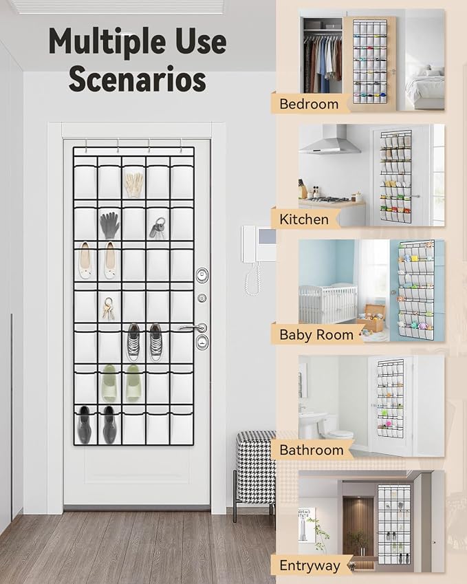 dodowin Over the Door Shoe Organizer Rack, 35 Large Breathable Mesh Pockets, Foldable Hanging Storage Holder for Closet Door, Space Saving Shoe & Accessory Organizer with 4 Metal Hooks, White
