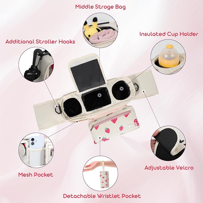 Universal Stroller Organizer with Insulated Cup Holders and Detachable Phone Bag,Stroller Caddy Fits for Stroller Accessories like Uppababy, Baby Jogger, Doona, Nuna Stroller (strawberry)