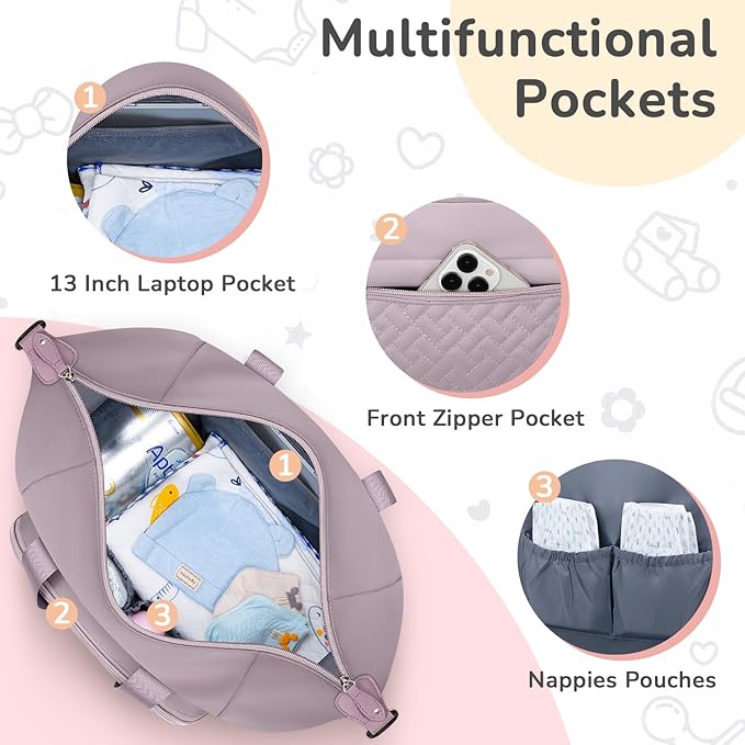 Tenot Diaper Bag Tote with Pacifier Case, Baby Bag for Women with Shoulder Straps, Travel Diaper Tote for for Mom and Dad Medium Size, Purper