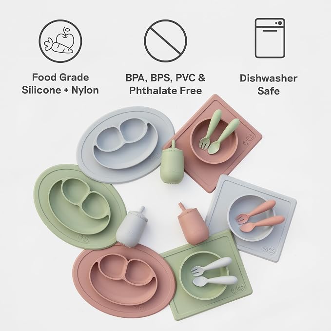 ezpz Kit 3: Practice Feeding Skills (Indigo) - Tools to Help Your Toddler Practice Scooping, Piercing, Straw Drinking, and Self-Feeding - Toddler Essentials & Gifts