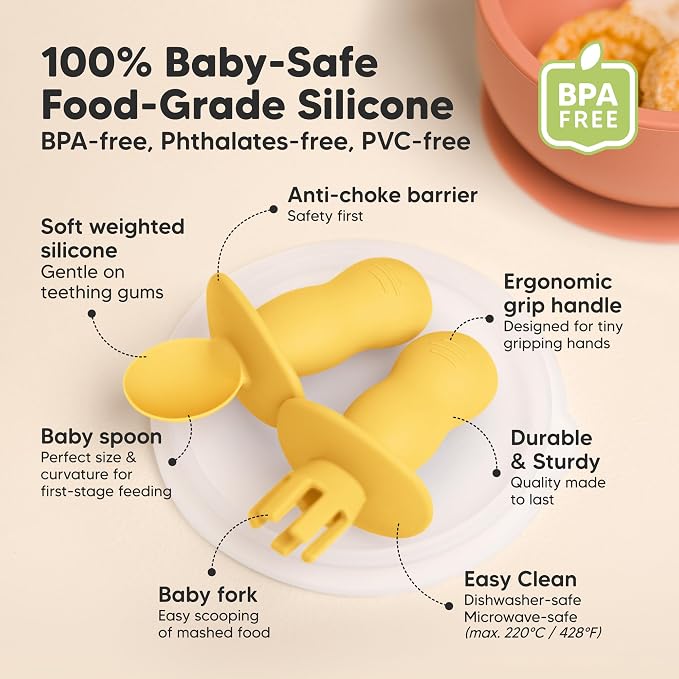Keababies 4-Pack Silicone Baby Spoons and Forks Set - Baby Spoon Self Feeding, BLW Baby Utensils 6-12 Months, Baby Led Weaning Feeding Spoon,Teething Infant Baby First Food Training Pre Spoon