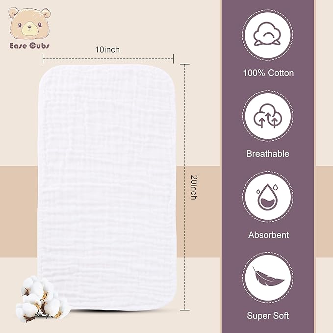 Ease Cubs Muslin Burp Cloths Large 100% Cotton Hand Washcloths for Boys & Girls, Baby Essentials Extra Absorbent and Soft Burping Rags for Newborn Registry (White & Green, 24-Pack, 20" X10")
