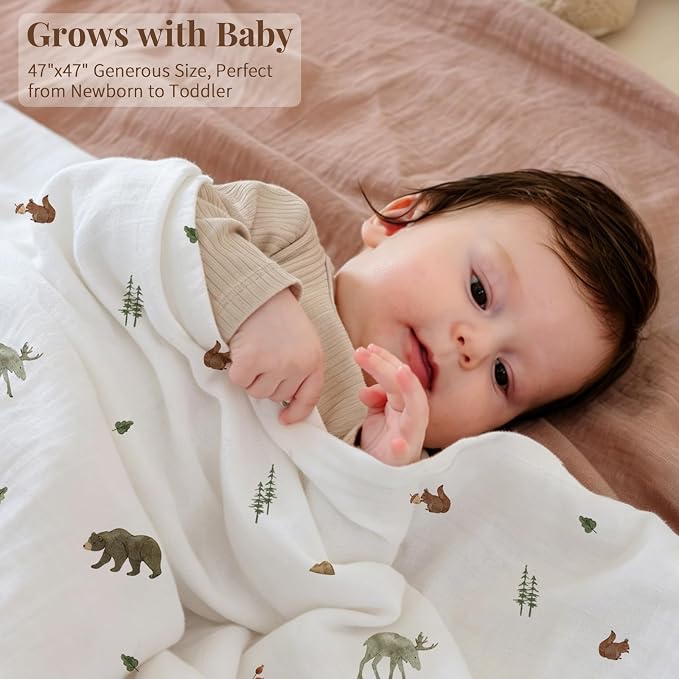 POMISO Muslin Swaddle Blankets for Boys & Girls, Newborn Receiving Blankets, 4 Pack Soft Breathable Baby Swaddles, Large 47x47 Inches, Forest Animals
