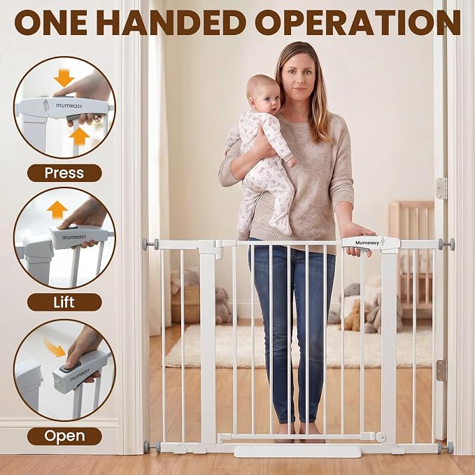 Mumeasy 29-43" Wide Baby Gate for Stairs and Doorways, 30" Tall Pressure Mounted Dog Gate No Drilling, Auto Close Walk Thru Child Safety Gate, Sturdy Metal Pet Gate with Dual Lock, White